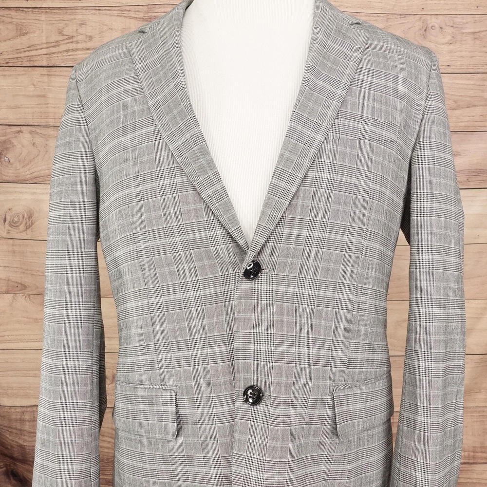 H&M Blazer Mens 40R Gray Check Polyester Viscose Skinny Fit Stretch Sport Coat